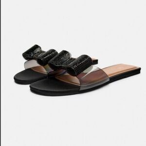 ZARA Rhinestone Bow Flat Slide Sandals Black